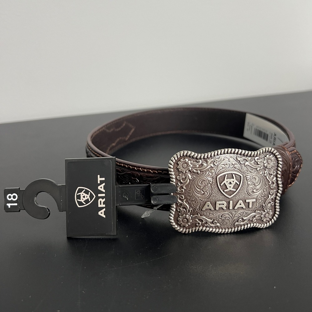 Ariat Kids Brown Floral Tooled Genuine Leather Western Belt Trophy Buckle 18